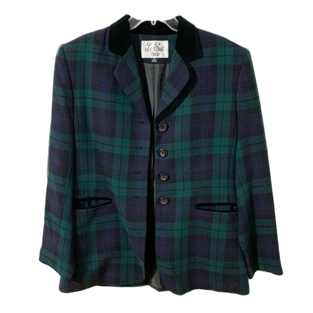 Le Suite Petite Plaid Blazer Velvet Collar/Trims Four Button Front Lined 💙💚🖤